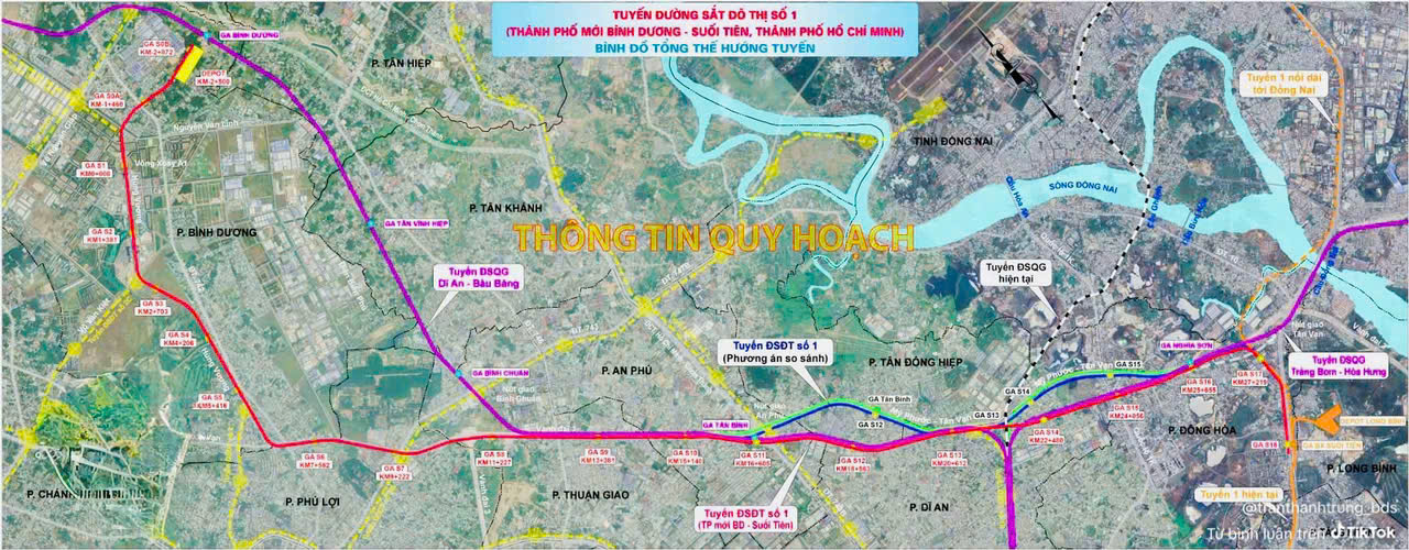 Sơ đồ hướng tuyến Metro số 1 Thành phố mới Bình Dương - Suối Tiên đi qua Dĩ An