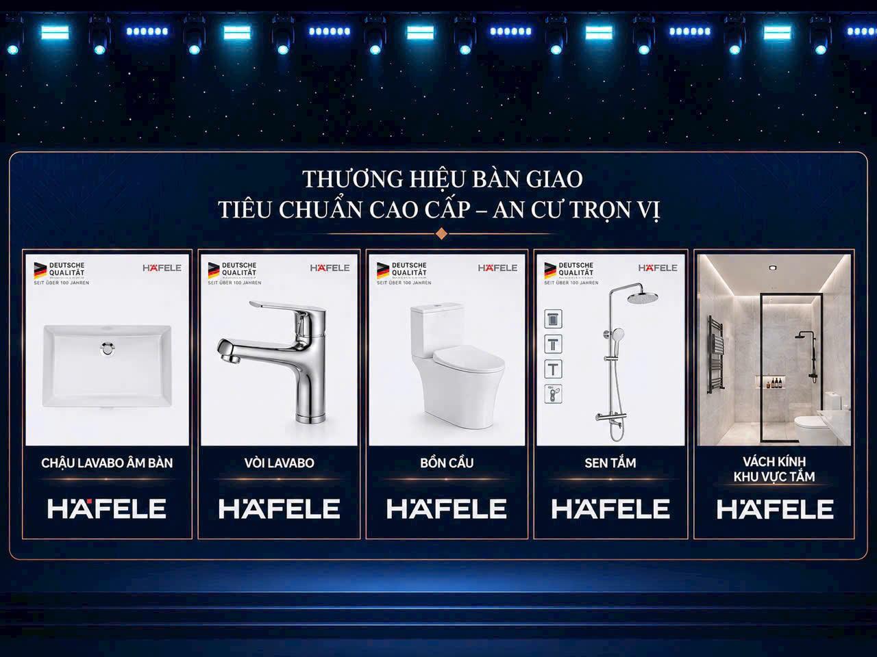 Thiết bị nhà vệ sinh bàn giao Häfele Fenica: lavabo, vòi lavabo, bồn cầu, sen tắm, vách kính